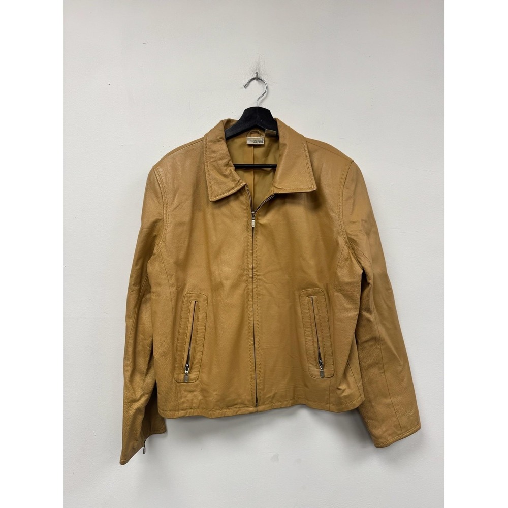 VTG Newport News Jacket Womens Large Brown Leather Zip Front Lined Short Cropped